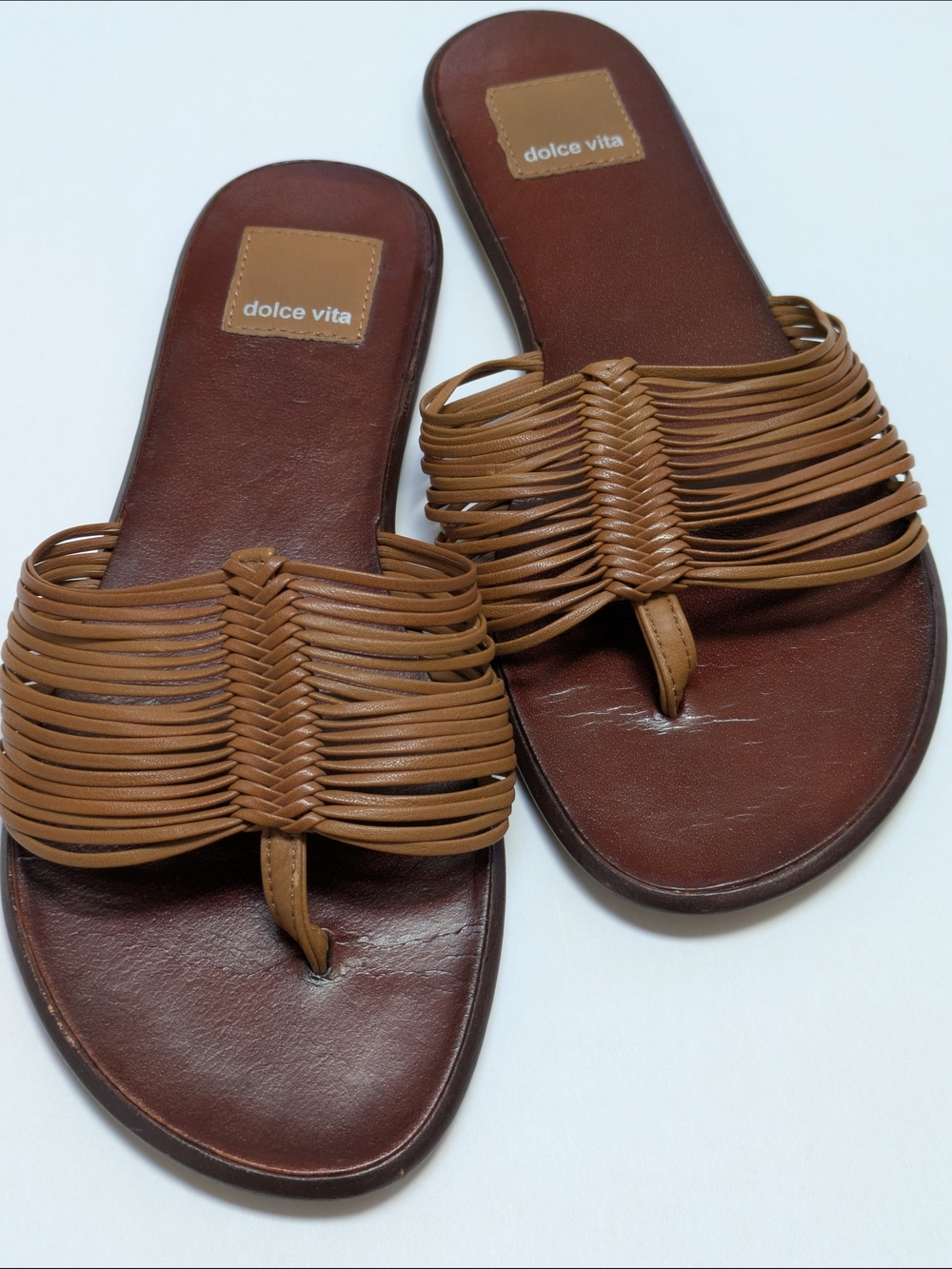 Dolce Vita Tan Woven Leather Toe-Loop Slide Sandals, size 6